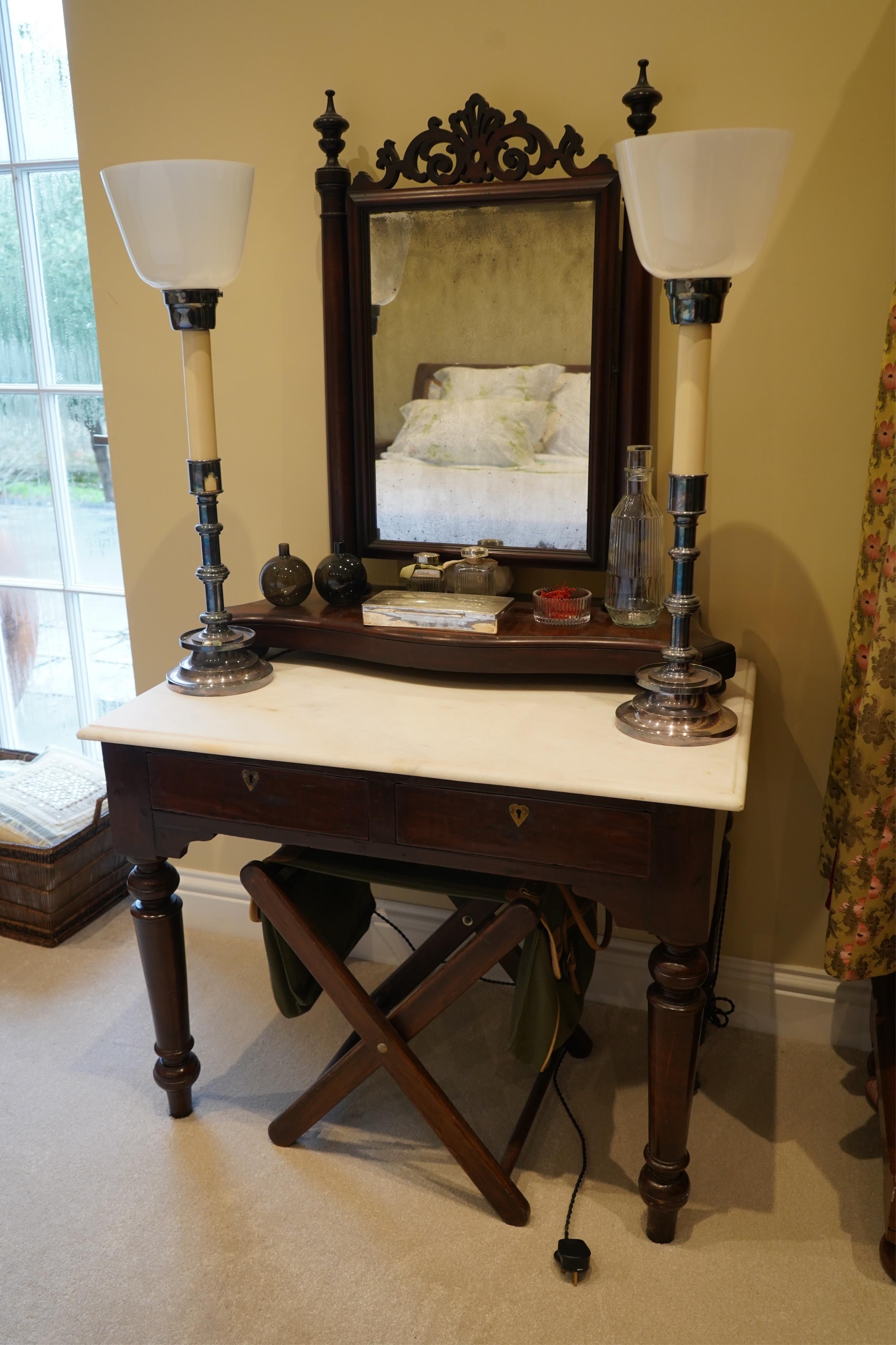 An Anglo Indian teak marbled topped dressing table, width 91cm, depth 58cm, height 164cm and a mahogany mirror. Condition - good